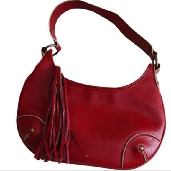 TOMMY HILFIGER Handbag Studded Embroidered Leather‎ Strap Tasseled Red - Picture 13 of 14